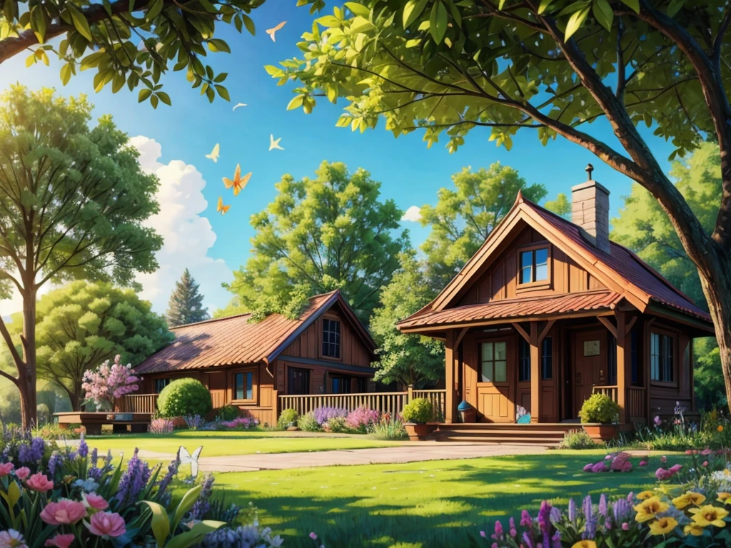 (a beautiful garden scenery),painting,flowers,birds chirping,sunlight streaming in through the window,green grass and vibrant trees,butterflies fluttering,serene atmosphere,clear blue sky,(best quality,high res),(realistic),(HDR),(soft color palette),warm and welcoming vibes,natural lighting