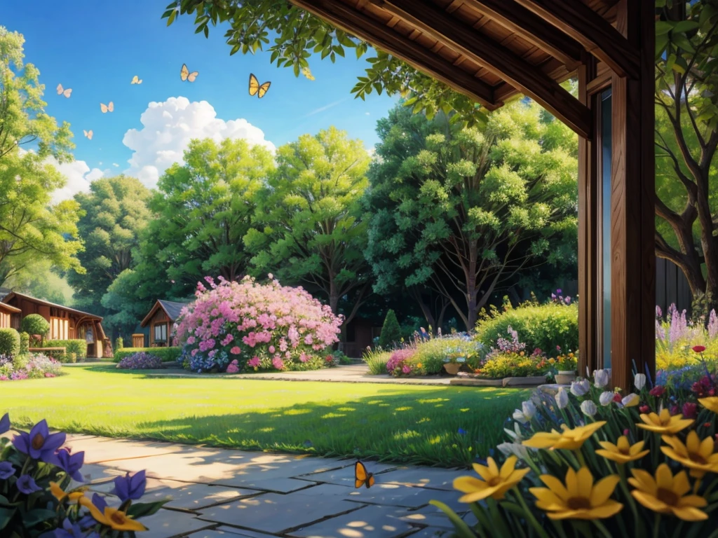 (a beautiful garden scenery),painting,flowers,birds chirping,sunlight streaming in through the window,green grass and vibrant trees,butterflies fluttering,serene atmosphere,clear blue sky,(best quality,high res),(realistic),(HDR),(soft color palette),warm and welcoming vibes,natural lighting