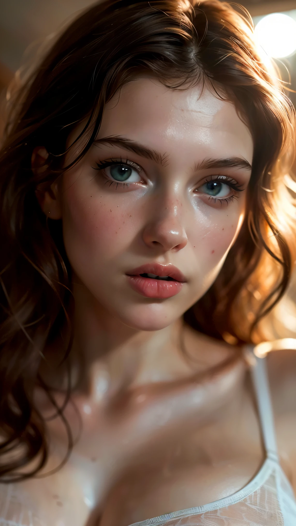 (((ultra realistic))) Photo, masterpiece, top quality, (pale skin), (Ultra detailed face and eyes:1.3), 1 girl, Adult, in a T-shirt, (Eye makeup, mascara) , ((large detailed lips)), ((ash wavy hair)), ((Chyolka)) , (Natural breasts), Slim waist. ((Posing)), photoshoot, studio (soft lighting), (The play of light and shadows), depth of field, bokeh, (special attention to skin detail: 1.2), Detailed leather texture, skin pores. (Airy atmosphere of the frame. Color range - delicate, Bright, white, Pink tones), UDR, ((Film grain)), ((rays)), ((glare of the sun)), ((waist up portrait, close to the camera)) , ultra detialed, 