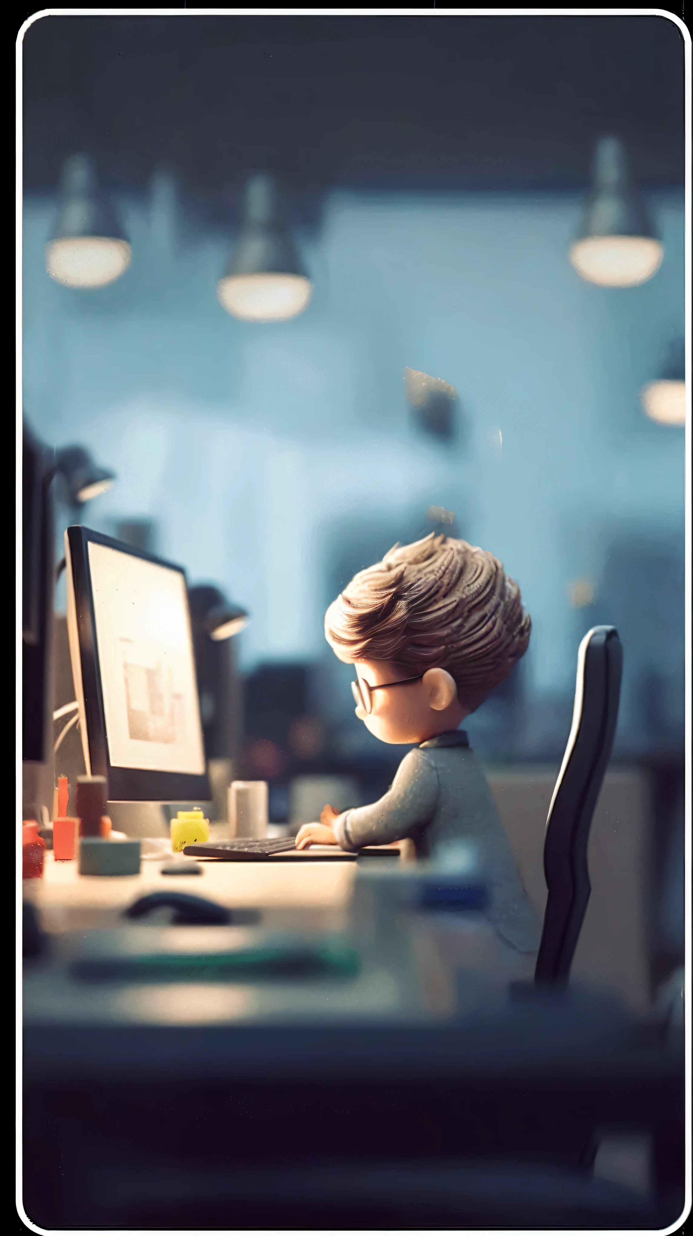 There is a small statue sitting at a table，There is a, A keyboard，mouse、document，animation style rendering, pixar 3d animation style, corporate animation style, Lovely 3D rendering, animated movie scene, 3d animation movie, 3d animation, 3d animation, animated illustration style, 3d cartoon, animated characters, Lovely and detailed digital art, anime movies, 2d illustration