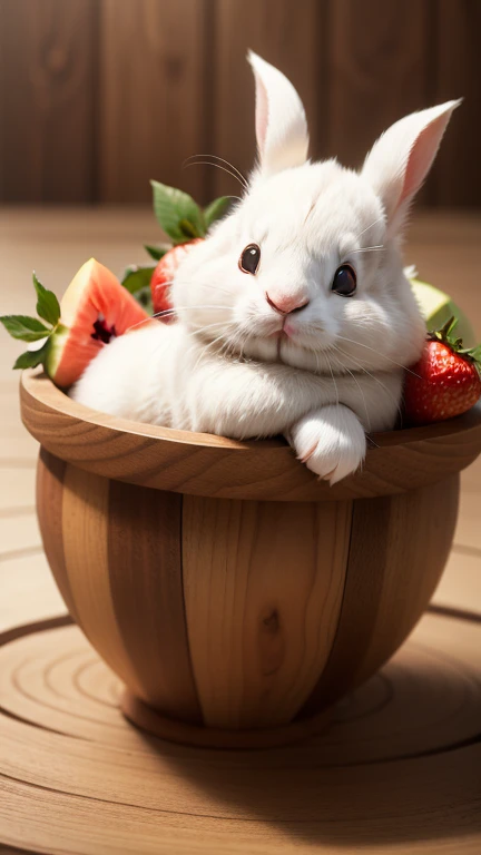 :3. white rabbit, actual, hairy, animals in clothes, apple, Bear, Teak, cherry, food, fruit, whole body, have, non-human, strawberry, tomato, watermelon