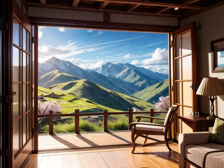 From the window of a mountain hut, You can see lush green hills and cherry blossoms in full bloom, blue sky, Baiyun, The refreshing spring breeze blows into the room，Shake the curtains. 