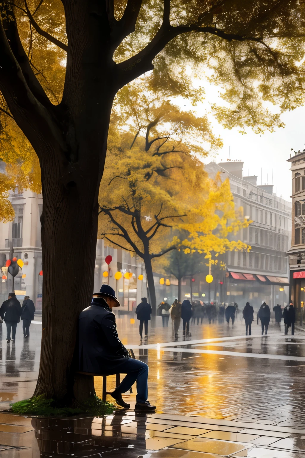 A man, dressed in a rain-soaked trench coat, is seated on a wooden bench in the heart of a bustling square. In the background, a golden tree stands proudly against the gloomy sky, its leaves glistening with raindrops. The scene is bathed in realistic and bright details, the raindrops on the man's coat and tree leaves appearing crystal clear and shimmering. The square is alive with the sounds of chatter and laughter, but the man seems lost in thought, staring off into the distance, oblivious to the surrounding noise. The golden tree, despite the rain, remains a beacon of warmth and hope, its vibrant color contrasting beautifully with the cold and
