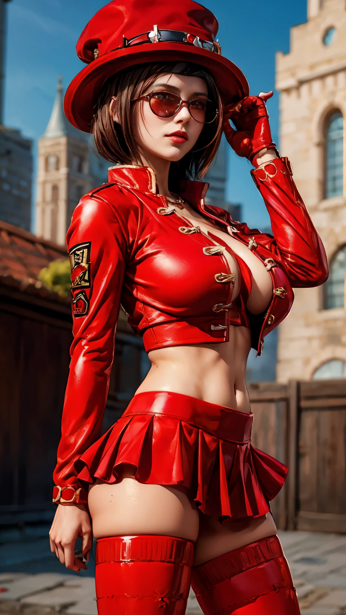 there is a woman in a red outfit and hat posing for a picture, rin tohsaka, artstation masterpiece, all red, nico robin, highly detailed exquisite fanart, some red, lady in red armor, extremely detailed artgerm, red uniform, character from king of fighters, crimson attire, red armor, seductive tifa lockhart portrait, skintight red leather armor