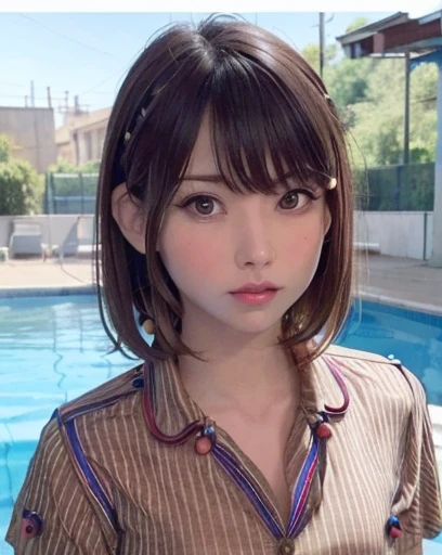 Pueros face_V1, highest quality, realistic, 8K, High resolution, full color, 1 girl, woman, 20 years old woman, (closed mouth:1.33), (portrait:0.6), wood, dawn, ((poolside background:1.52)), full color, ((shirt with buttons:1.88)), looking at the viewer:1.8, (1 girl eyes looking at the viewer:1.55), (medium hair, brown hair, parted bangs:1.35), (Bokeh), full body photo