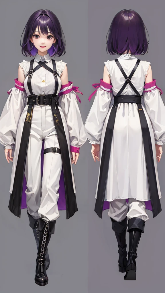purple hair girl,medium hair,Harness,No sleeve,pants,boots,simple background,smile,whole body,full body,full body,Standing picture,vtuber,front,from front,Viewer's perspective,視線をfrontに,