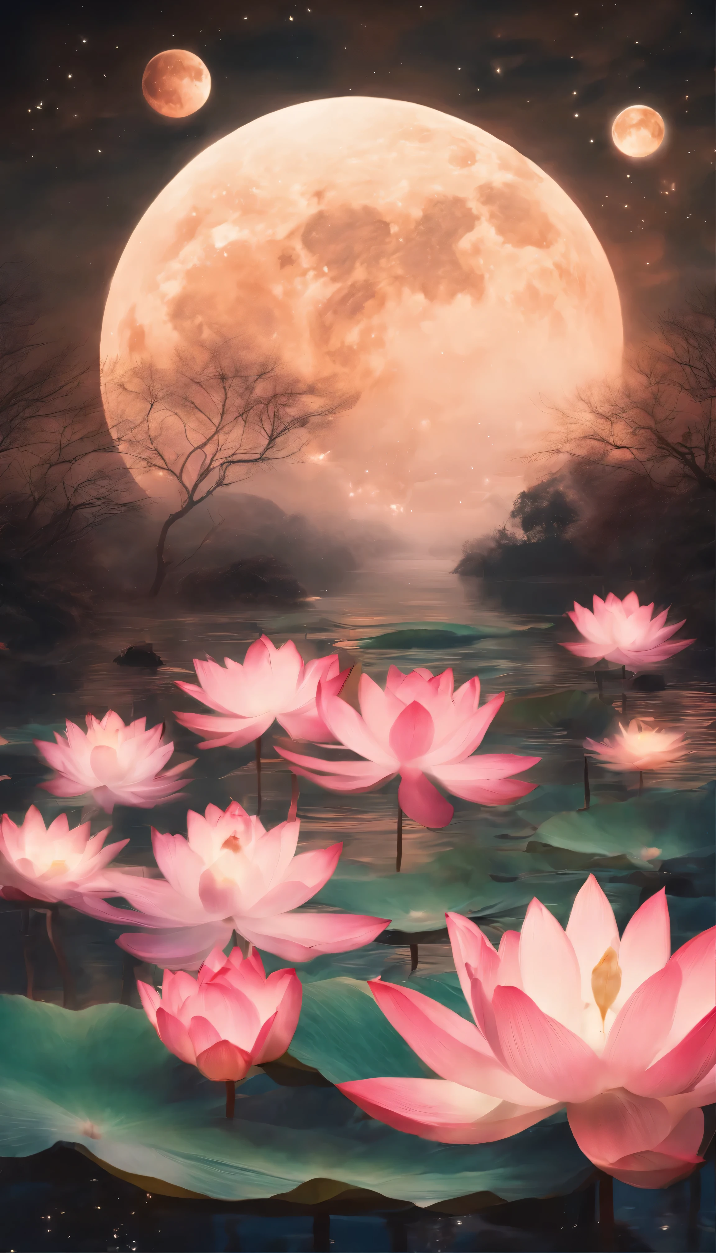 (masterpiece,real photography,Concise composition:1.5),night,Lotus pond moonlight,Beautiful artistic conception,Realistic style,dull tones