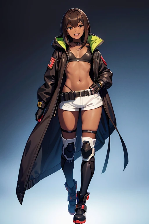 anime picture、full body portrait、A dark-skinned woman, about 24 years old, standing upright, about 160cm tall, wearing a hooded jacket and shorts, with short, dark brown hair、smiling with open mouth、flat chest、Wearing elbow and knee protectors, gloves and boots、Shadowrun