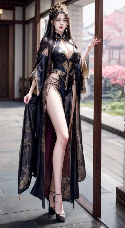 bellyband。Cover。big breasts。Breasts larger than torso。smooth and delicate woman。Sexy hot woman。prostitute。Hairpin。Taoist robe。full-body shot,High heel。Cultivation clothing。exposed。Antique Chinese costumes。vintage sexy clothing。Fengguanxiapei。Bundled hair with a golden crown。