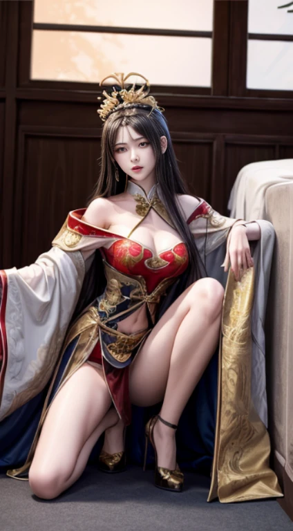 bellyband。Cover。big breasts。Breasts larger than torso。smooth and delicate woman。Sexy hot woman。prostitute。Hairpin。Taoist robe。full-body shot,High heel。Cultivation clothing。exposed。Antique Chinese costumes。vintage sexy clothing。Fengguanxiapei。Bundled hair with a golden crown。