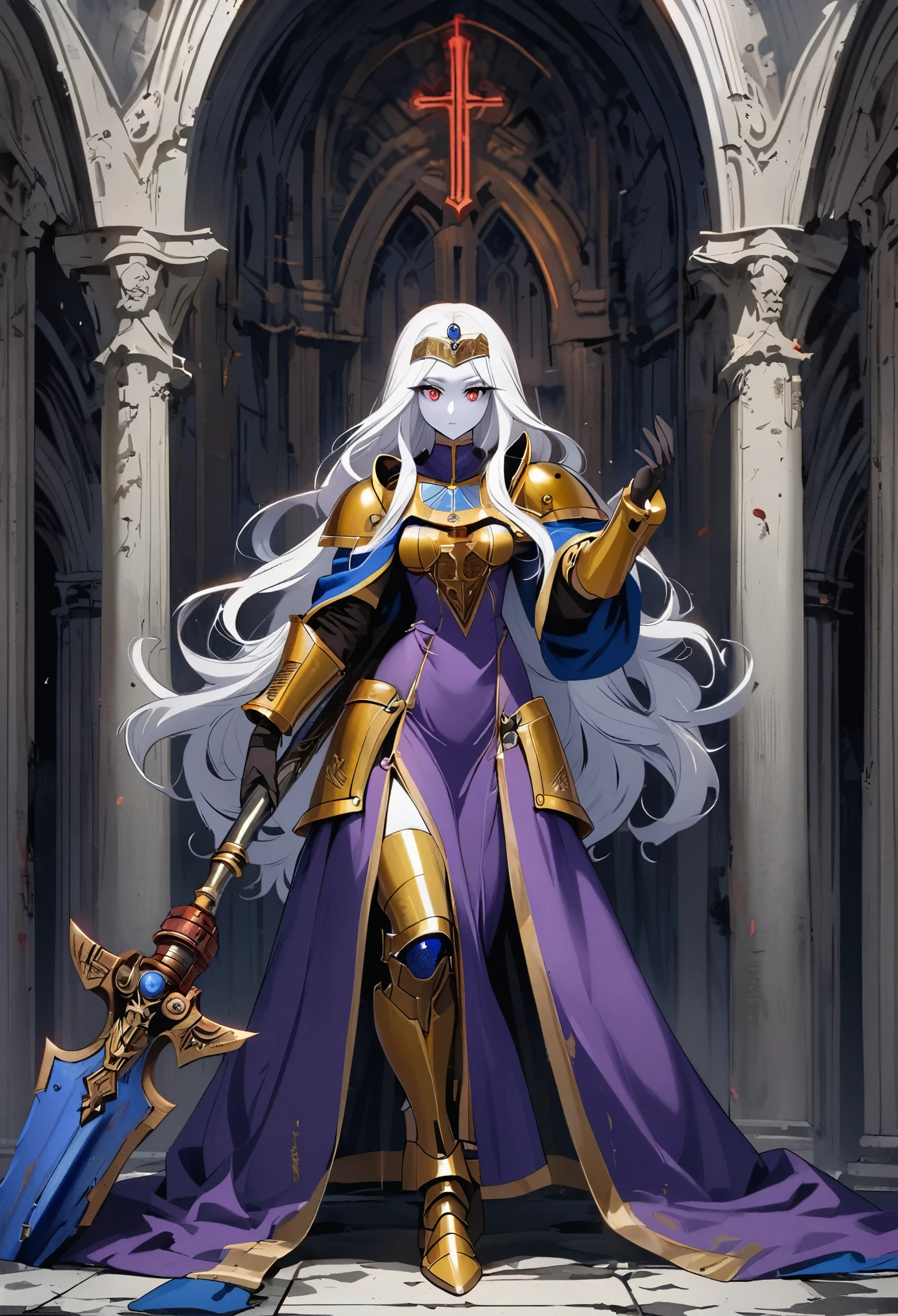 anime - style, Female Priestess, Female, Warhammer 40k, Solo, Detailed Face, Detailed Eyes, Blue Cloth, White Trim, Full Body, White Hair, Long Hair, Neat Hair, Tall, Slender, Gold Armor, Science Fiction, Looking at Viewer, Church, Stoic, Purple Robe, One Staff, White Skin, Red eyes, Expressionless, Cassia Orsellio, Tiara, Long Cloak, No Bangs,