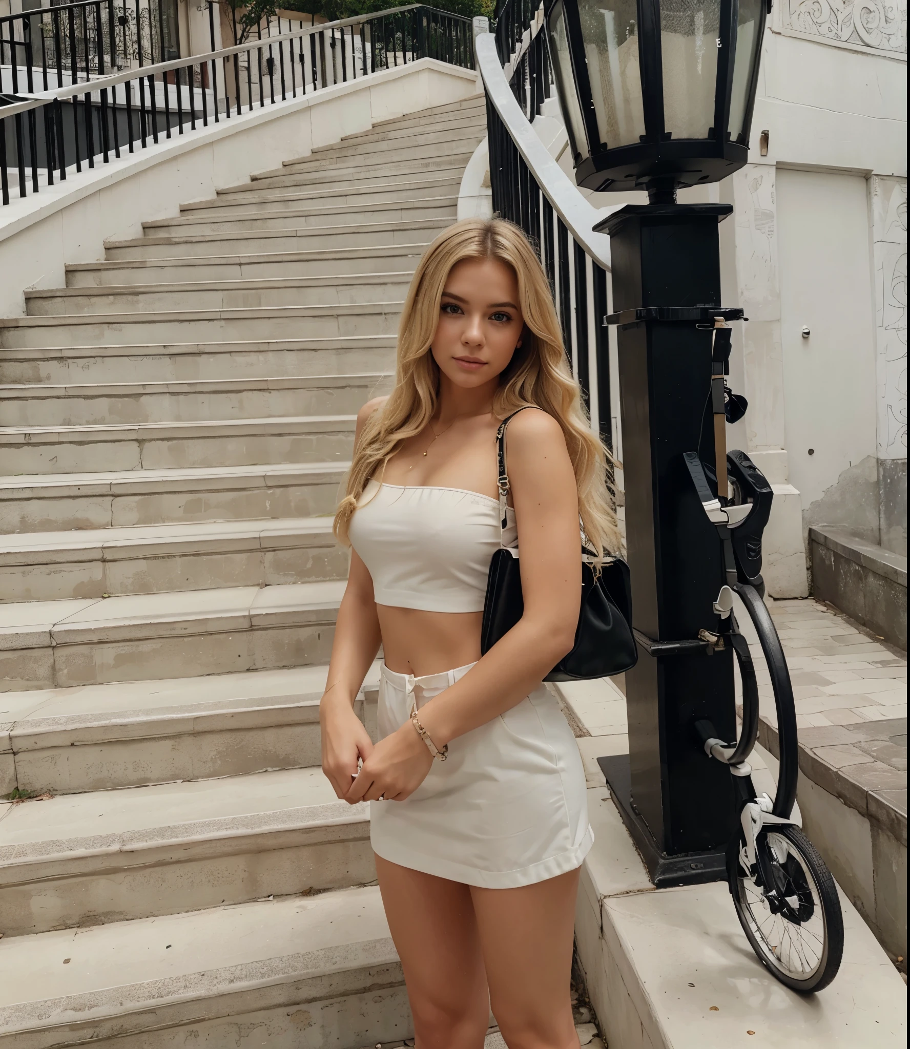 Make blonde Amanda in this same pose wearing an identical outfit in an identical setting, cabelo loiro