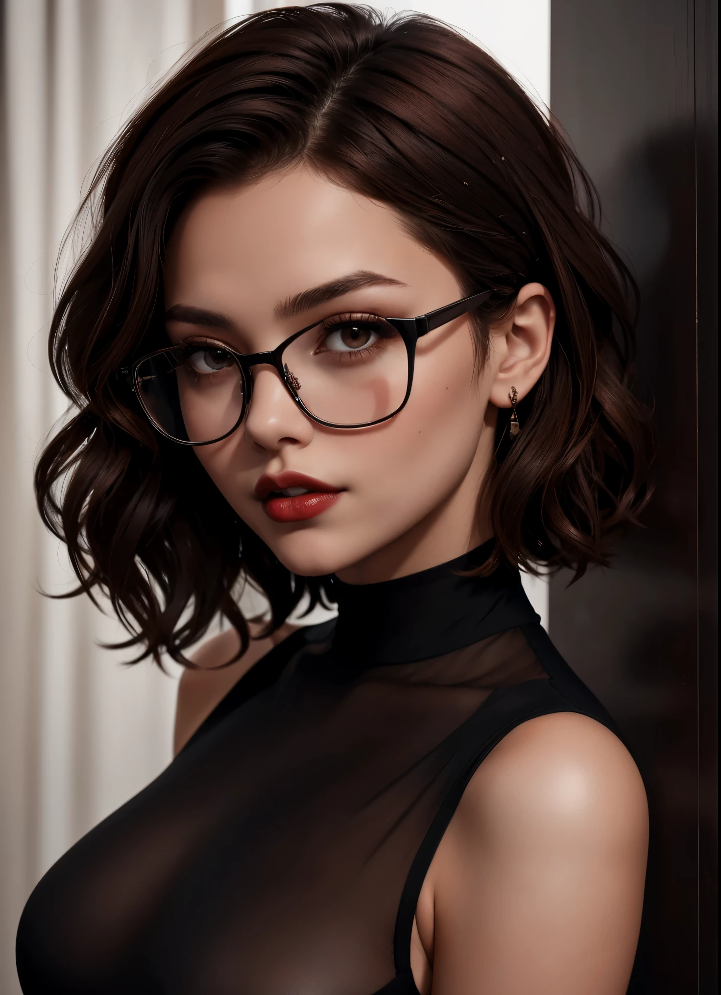 (best quality,highres,ultra-detailed),portrait,beautiful woman,short brown hair,dark red lips,tight black dress,square glasses,medium breasts,teenager