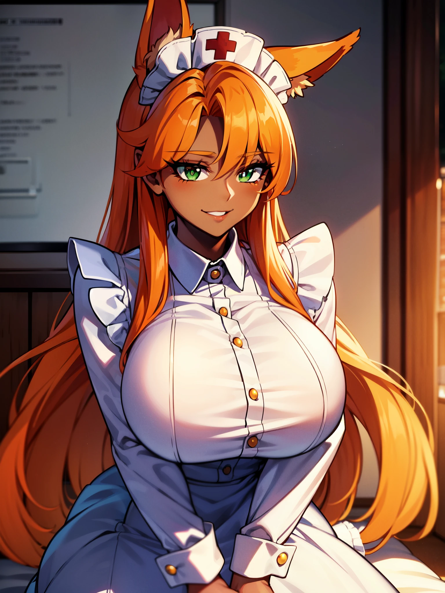 masterpiece, best quality, extremely detailed, 1girl, milf, solo, (dark skin, brown skin:2), terrarianurse, (huge breasts:1.5), ((((orange hair), very long hair, green eyes, slit pupils, fox ears))), parted lips, (((maid outfit, long sleeves, white apron, frilled apron, frilled skirt, long skirt))), ((naughty smile), closed mouth), ((hospital))