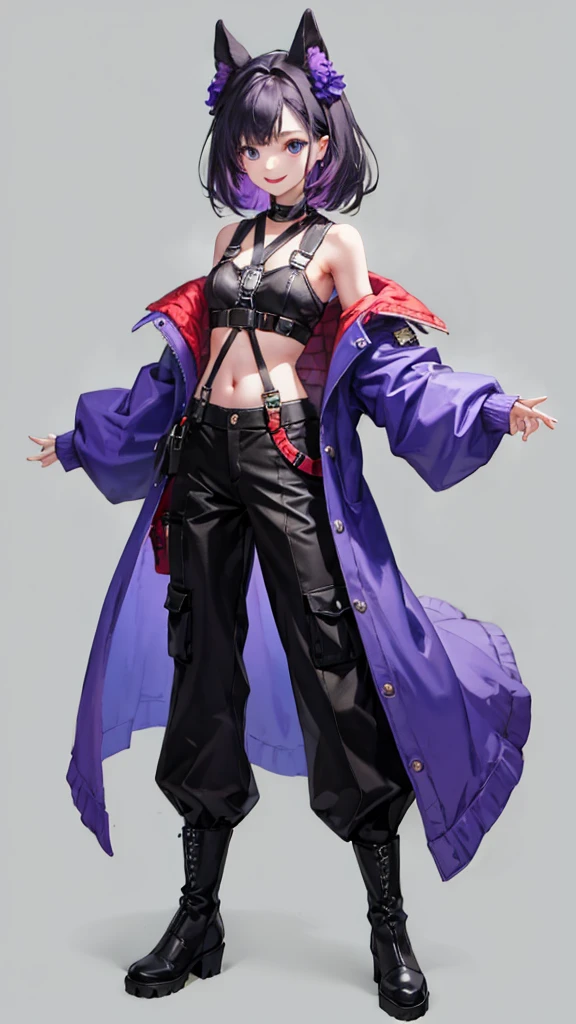 purple hair girl,medium hair,Harness,No sleeve,pants,boots,simple background,smile,whole body,full body,full body,Standing picture,vtuber,front,from front,Viewer's perspective,視線をfrontに,