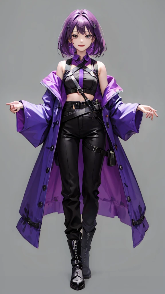 purple hair girl,medium hair,Harness,No sleeve,pants,boots,simple background,smile,whole body,full body,full body,Standing picture,vtuber,front,from front,Viewer's perspective,視線をfrontに,
