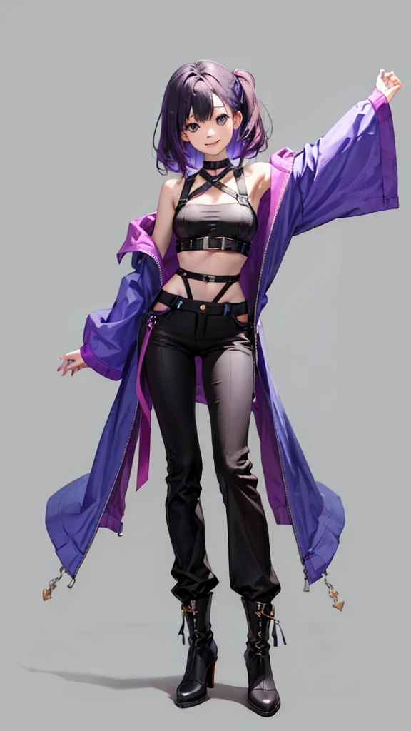 purple hair girl,medium hair,Harness,No sleeve,pants,boots,simple background,smile,whole body,full body,full body,Standing picture,vtuber,front,from front,Viewer's perspective,視線をfrontに,