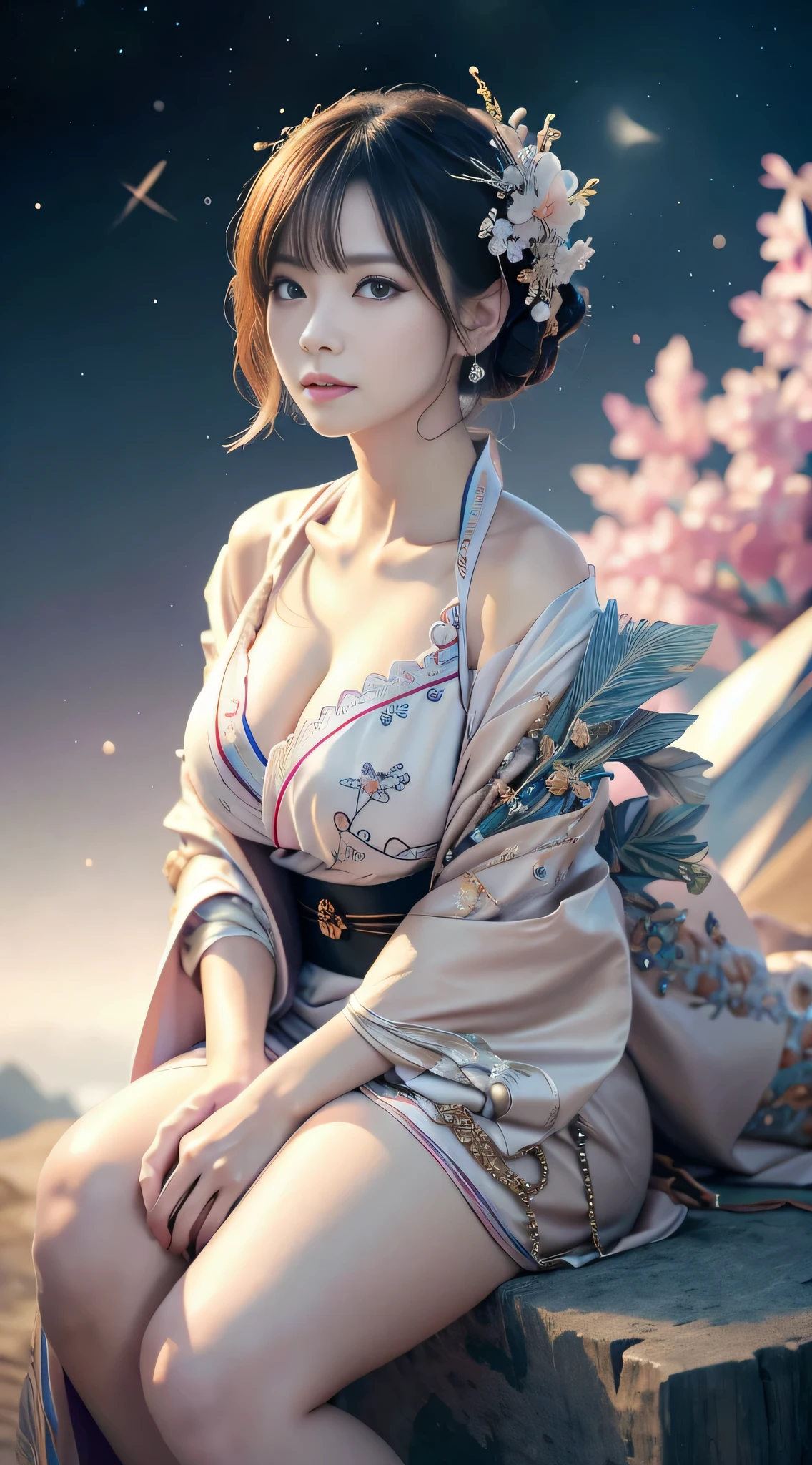 Detailed background, Cyberworld, Space Fantasy, elaborate costume{Luxury kimono(pale and coloured kimono(detailed embroidery,))}、(Japanese Idol(actress):1.2)(face perfect:1.2),Expressing a beautiful and elegant woman, Hairstyle Short Bob, Blur the background,((masutepiece)), ((Best Quality)),{{a portrait photo of}},full body Esbian、Faraway view,Like a corporate logo, Breast size is F cup, Dynamic angles, Angles from the air, Angle from below, 5 fingers, sitting on