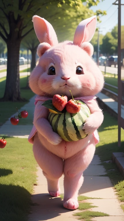 :3. Pink rabbit, actual, hairy, animals in clothes, apple, Bear, Teak, cherry, food, fruit, whole body, have, non-human, strawberry, tomato, watermelon