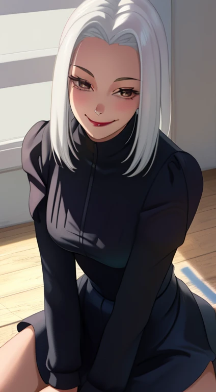 girl sitting on the floor , first person view, beautiful, masterpiece, smooth texture, evil smile, beautiful