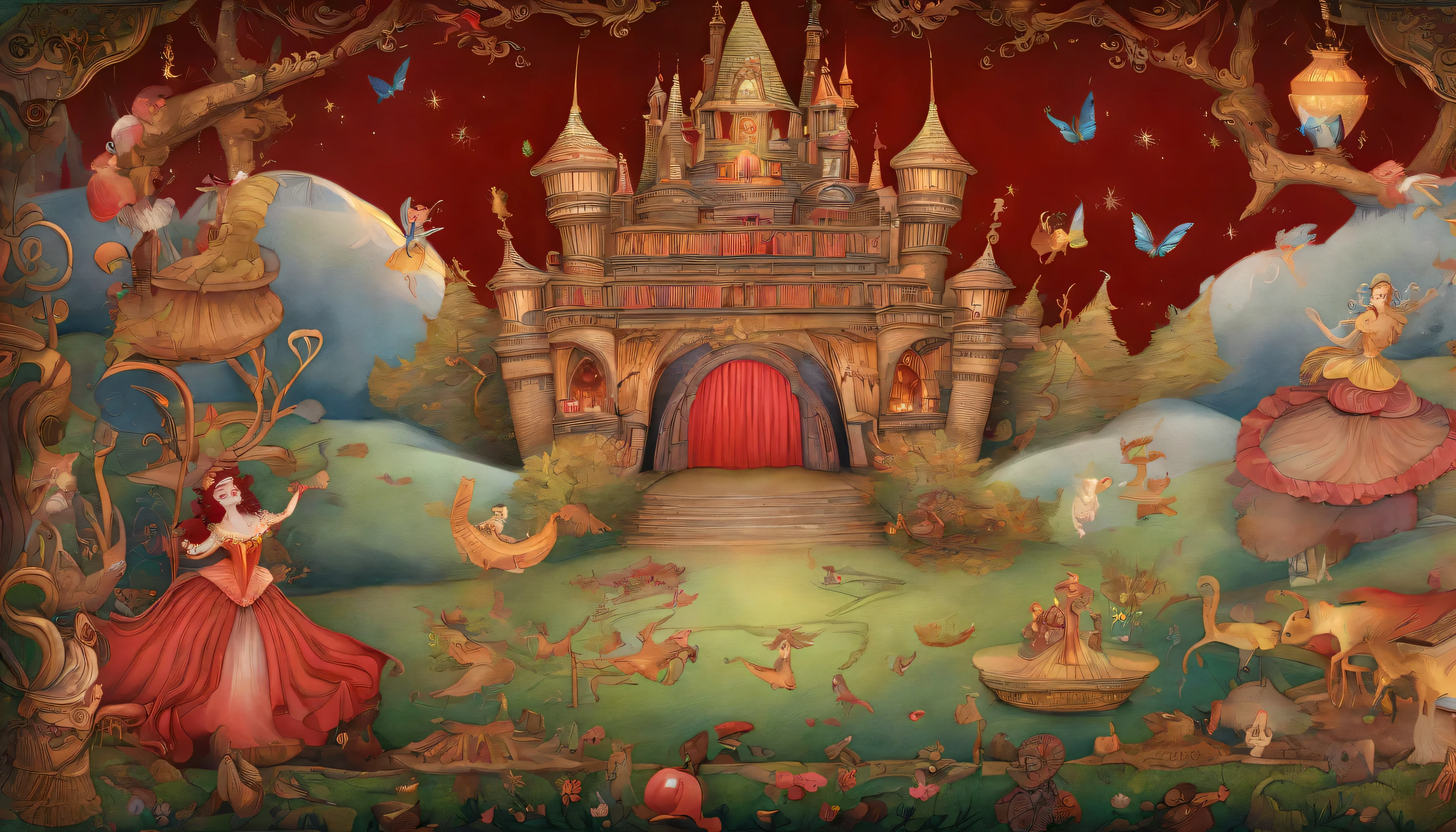 Mur de cirque de chat Ambiance fantastique Illustrations de livres d'images Dans l'Ensemble, la couleur est rouge vif