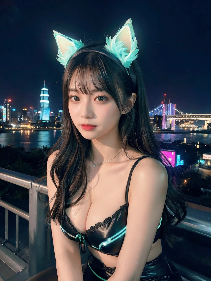 最high quality, masterpiece, 32k、Super detailed、realistic、1 girl, japanese woman、cute face, (photo actual:1.3), edge lighting, (high detail skin:1.2), 8K超High resolution, Single-lens reflex camera, high quality, High resolution, 4k, 8K, Optimal ratio of 4 fingers to 1 thumb, (actual:1.3), Green and blue neon cat ears headband、cute 1 girl, realistic、Super realistic、32k、Super detailed、masterpiece, 最high quality, beautiful girl, beauty、small breasts, Mecha, beautiful lighting, (neon light:1.2), (night:1.5), cyberpunk costume、sitting,Cyber Neon、future city、Skyscraper、都会のnight、Shanghai、big city、night景、綺麗なnight景