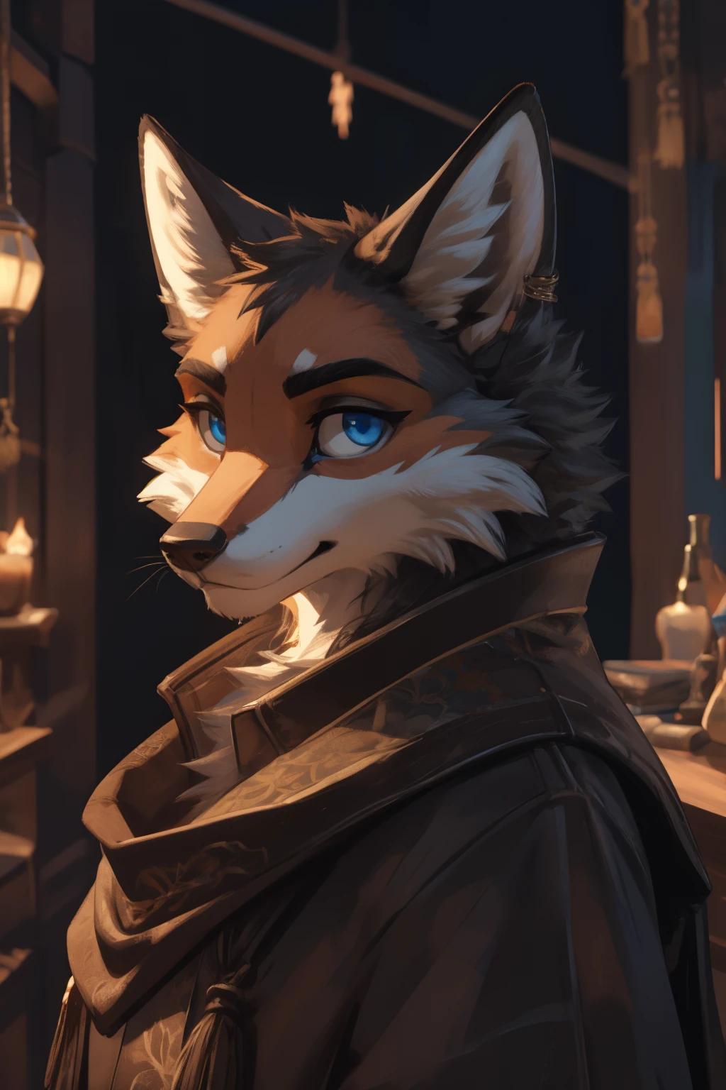 (high-quality, breathtaking),(expressive eyes, perfect face) 1girl, female, solo, furry, black fur, black kitsune, black fox, portrait, Symmetrical Eyes, headshot, animal ear fluff, fox tail, headshot, blue eyes, Pathfinder Character, TTRPG Pathfinder, detailed eyes, fox eyes,
