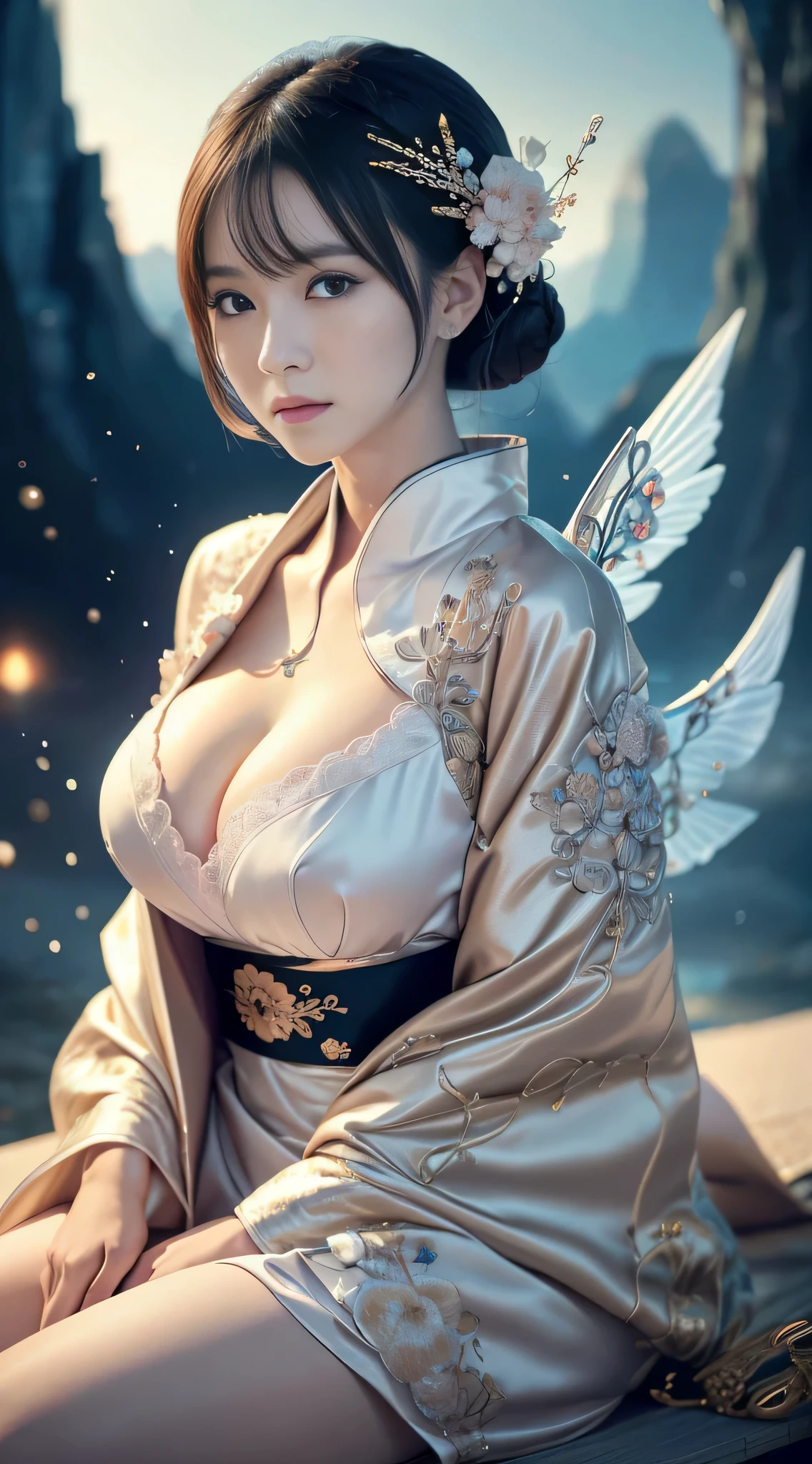 Detailed background, Cyberworld, Space Fantasy, elaborate costume{Luxury kimono(pale and coloured kimono(detailed embroidery,))}、(Japanese Idol(actress):1.2)(face perfect:1.2),Expressing a beautiful and elegant woman, Hairstyle Short Bob, Blur the background,((masutepiece)), ((Best Quality)),{{a portrait photo of}},full body Esbian、Faraway view,Like a corporate logo, Breast size is F cup, Dynamic angles, Angles from the air, Angle from below, 5 fingers, sitting on