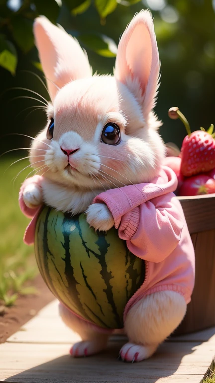 :3. Pink rabbit, actual, hairy, animals in clothes, apple, Bear, Teak, cherry, food, fruit, whole body, have, non-human, strawberry, tomato, watermelon