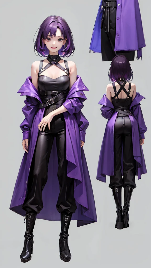 purple hair girl,medium hair,Harness,No sleeve,pants,boots,simple background,smile,whole body,full body,full body,Standing picture,vtuber,front,from front,Viewer&#39;s perspective,視線をfrontに,