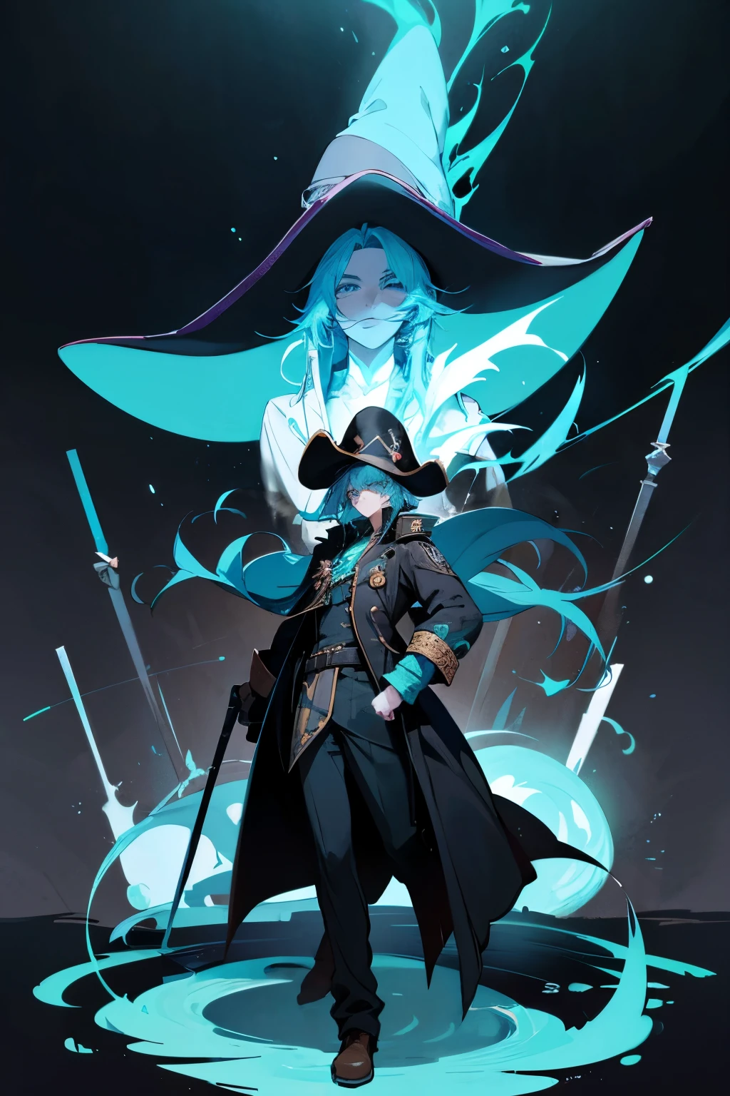 Anime Male magician from a fantasy., He has a huge witch hat and a black pirate suit with a scientist&#39;s coat over the pirate suit.. el sombrero es negro y cian 
