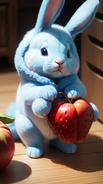 :3. Light blue rabbit, actual, hairy, animals in clothes, apple, Bear, Teak, cherry, food, fruit, whole body, have, non-human, strawberry, tomato, watermelon