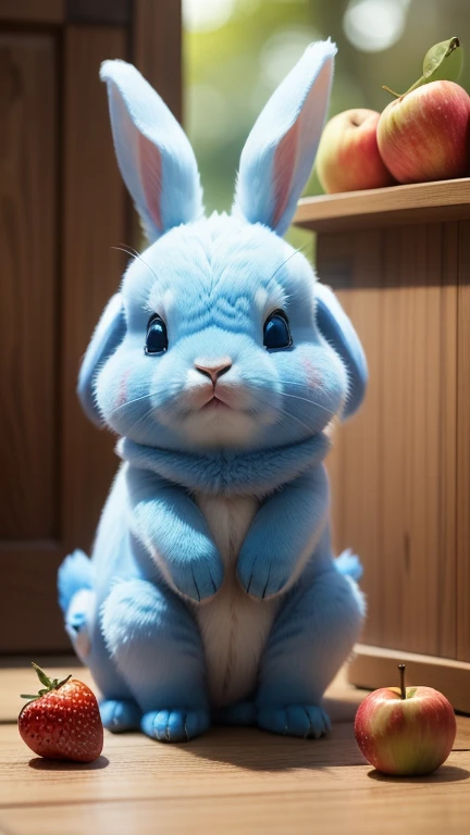 :3. Light blue rabbit, actual, hairy, animals in clothes, apple, Bear, Teak, cherry, food, fruit, whole body, have, non-human, strawberry, tomato, watermelon