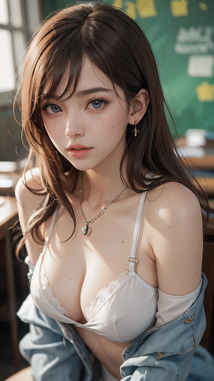 (masutepiece: 1.3), (max resolution: 1.2), (Ultra HDTV: 1.2), cinematric light, 8K resolution, Detailed eyes and skin, detailed facial features, , (Sharp Focus: 1.2), (Focus on Face:1.2),Perfect Style, Beautiful face, acurate, Anatomically correct, Highly detailed face and skin texture, Detailed eyes, Double eyelids, Thin eyebrows, Glitter Eyeliner: 1 Natural cheeks, Glossy skin, Fair skin: 1.2, (Glossy lips: 1.4),、 (Shy look: 1.2),Highly detailed facial and skin texture, Detailed eyes, Double eyelids, Natural cheeks, , shiny lips: 1.4,Exposed cleavage、(A large amount of sperm in the chest:1.4)(Large amount of sperm in the thighs:1.2)、 red blush、humiliated、impatience、dismay、Frightened、glares、Tears、embarrassed from、Open knees、open one's legasturbation behavior、masturbation、rubbing the genitals with fingers,,,,,,,,,、 White underwear、White bra、Shiny little earrings and necklaces、、Disheveled clothes、Dressing、Exposed panties、Wearing sweat、sodden、Sheer underwear、Full body like、 18year old, Neat and clean woman 、Small breasts, upturned breasts,Sitting at a desk, Classroom、Blue ash eyes,(hi-school girl:1.6)、