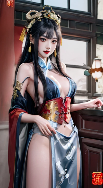 bellyband。Cover。big breasts。Breasts larger than torso。smooth and delicate woman。Sexy hot woman。prostitute。Hairpin。Taoist robe。full-body shot,High heel。Cultivation clothing。exposed。Antique Chinese costumes。vintage sexy clothing。Fengguanxiapei。Bundled hair with a golden crown。
