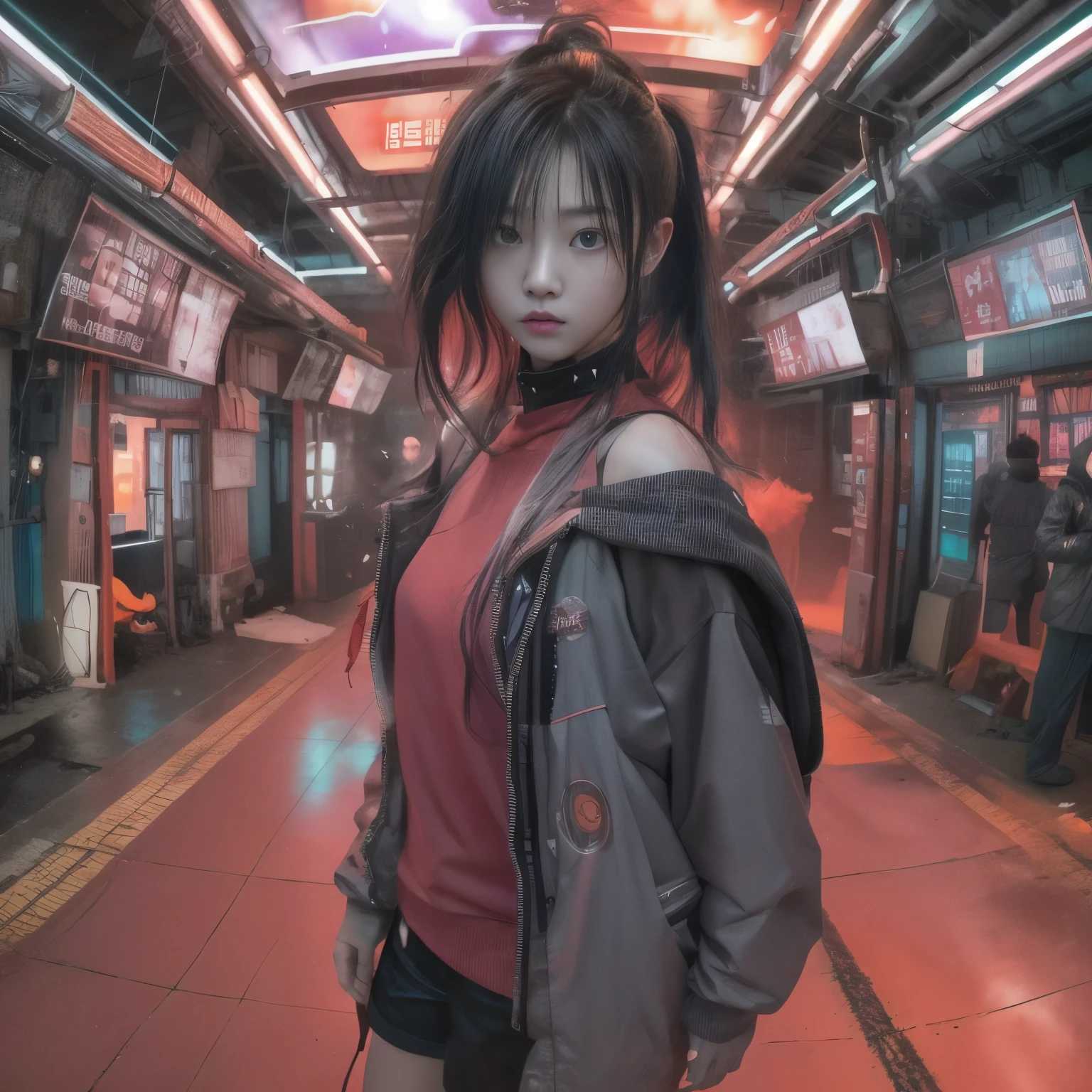 8K, original photo, top quality, ​Masterpiece: 1.2),Fisheye lens、(((Unobscured)))、Inside the station、Platform、Fisheye lens、look at camera、cool pose、Hair is messy in the wind、full-body shot、Red or orange neon、Cyberpunk movies、Original photo of 20-year-old Korean beauty、half face、late at night、dark room、high quality、more skins、shiny skin、clear face、movie shot、north african trade zone、sharp focus