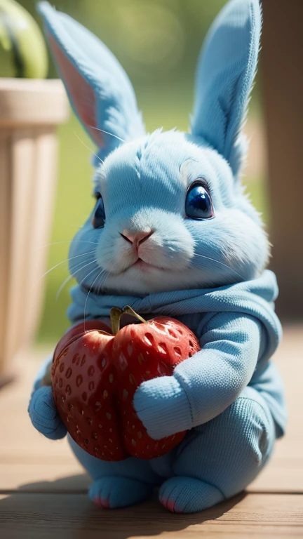 :3. Light blue rabbit, actual, hairy, animals in clothes, apple, Bear, Teak, cherry, food, fruit, whole body, have, non-human, strawberry, tomato, watermelon