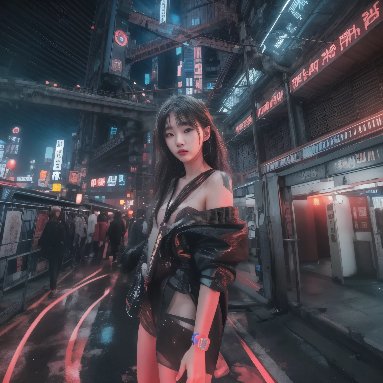 8K, original photo, top quality, Masterpiece: 1.2),Fisheye lens、(((Unobscured)))、Inside the station、Platform、Fisheye lens、look at camera、cool pose、Hair is messy in the wind、full-body shot、Red or orange neon、Cyberpunk movies、Original photo of 20-year-old Korean beauty、half face、late at night、dark room、high quality、more skins、shiny skin、clear face、movie shot、north african trade zone、sharp focus