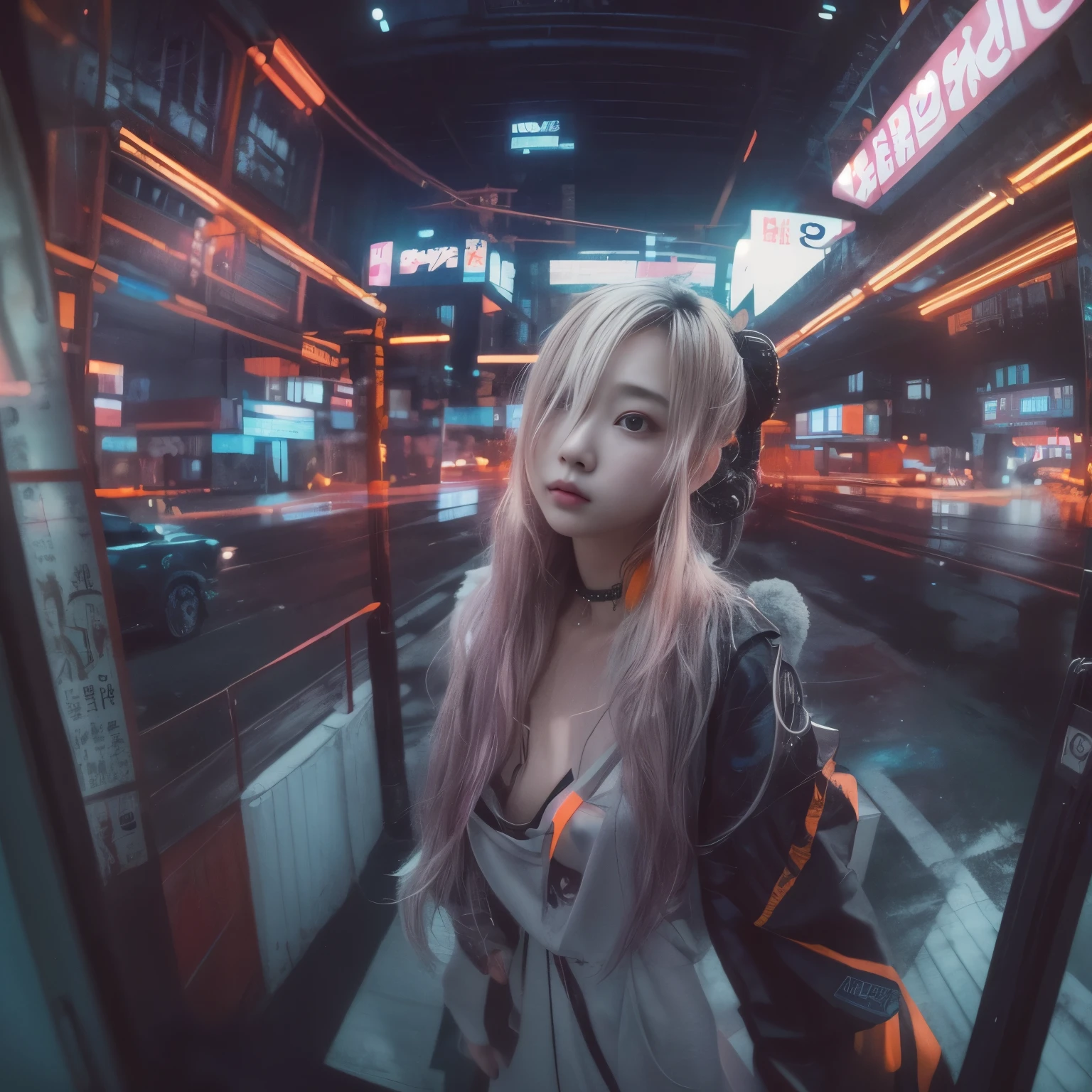 8K, original photo, top quality, Masterpiece: 1.2),Fisheye lens、(((Unobscured)))、Inside the station、Platform、Fisheye lens、look at camera、cool pose、Hair is messy in the wind、full-body shot、Red or orange neon、Cyberpunk movies、Original photo of 20-year-old Korean beauty、half face、late at night、dark room、high quality、more skins、shiny skin、clear face、movie shot、north african trade zone、sharp focus