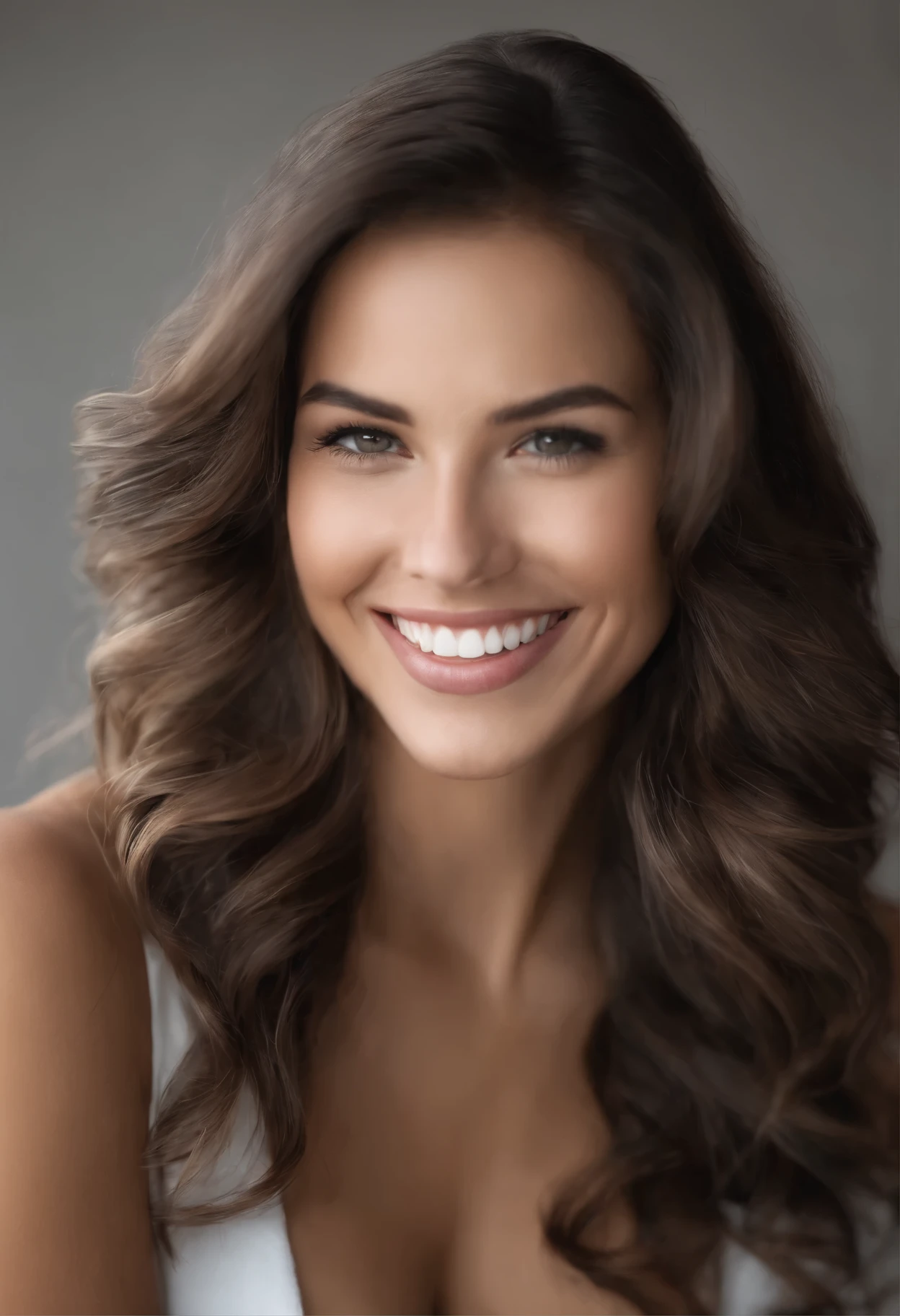 ((Photo: 1.3) af (Realism: 1.3), Caucasian fitness model soft light, clear face, happy, cheerful, smiling, warm light, ((gray white background)), ((gray white background)). ((gray wall background)) avatar, (long or short hair), smile, beautiful , young,, long hair, smile, (medium close-up）