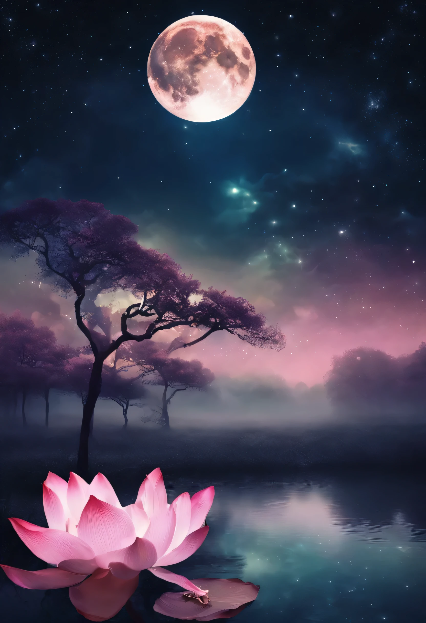 (masterpiece，real photography，Concise composition：1.5），night，Lotus pond moonlight，Beautiful artistic conception，Realistic style，dull tones