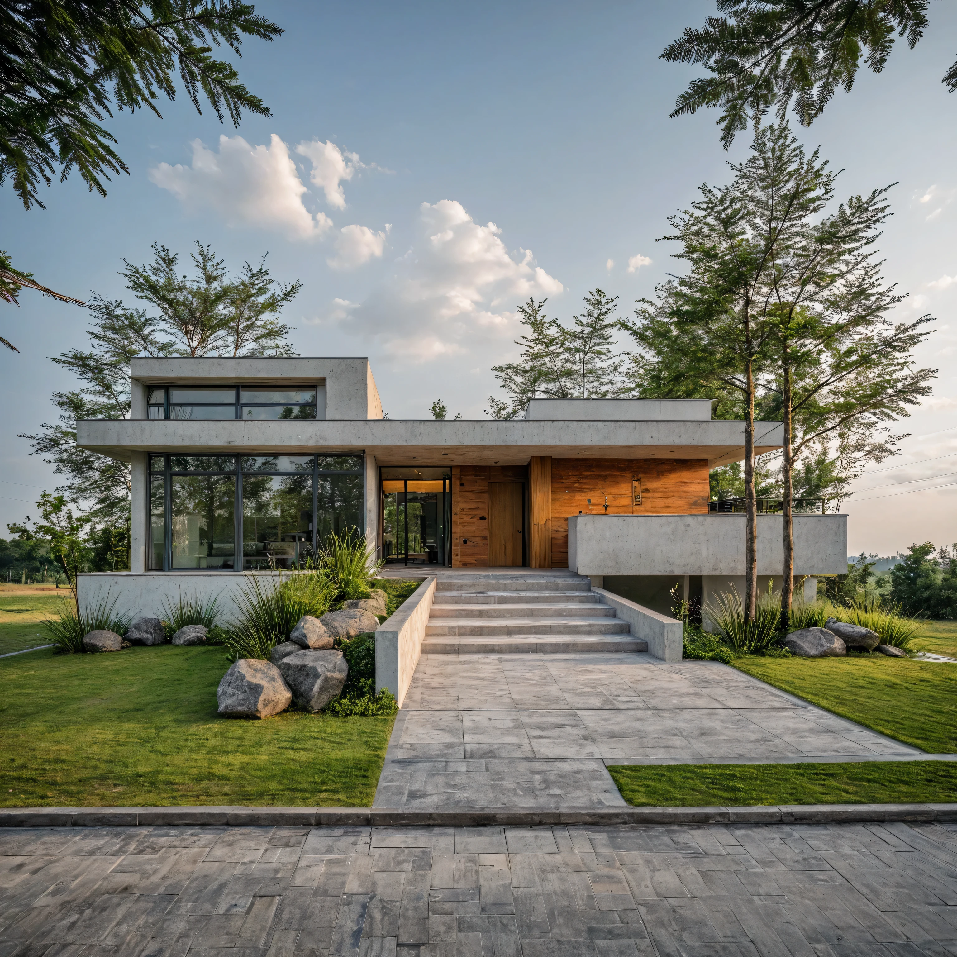 RAW photo, subject, 8k uhd, dslr, soft lighting, high quality, film grain, Fujifilm XT3, A Capture of stunning modern architecture, 1 floor- house, pine tree, grass, white wall, wooden, nature stone with long and sharp reed
