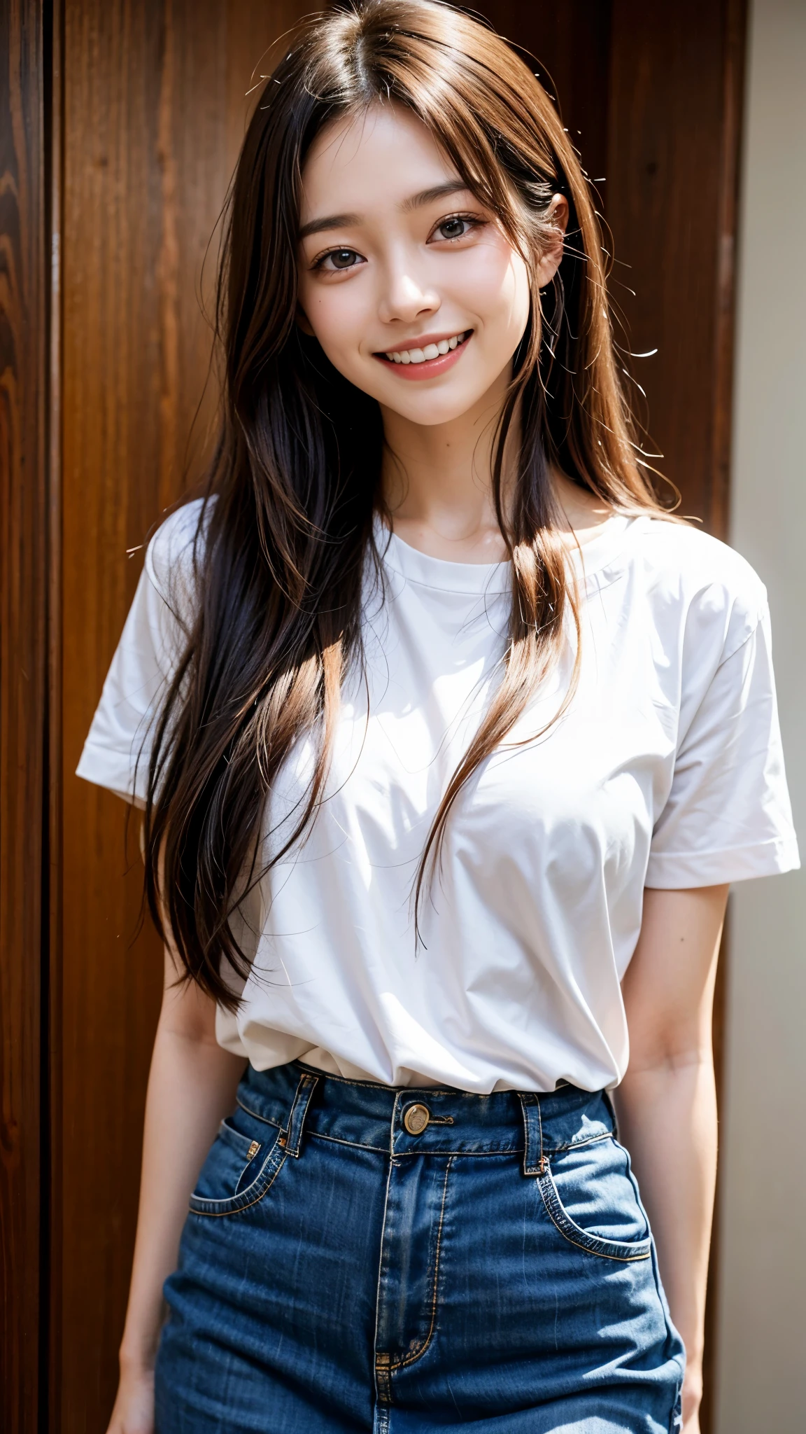 高いest quality, masterpiece, ultra 高い resolution, (realistic:1.4), 24-years-old,1 girl,super 高い quality,8K,thinウエスト,thin脚,thin and beautiful arms,beautiful fingers,sale eye makeup,thin,Medium chest,soft chest,mini skirt,long hair,thinジャケット,realistic,picture media chest)),((toothy smile)),((big smile))