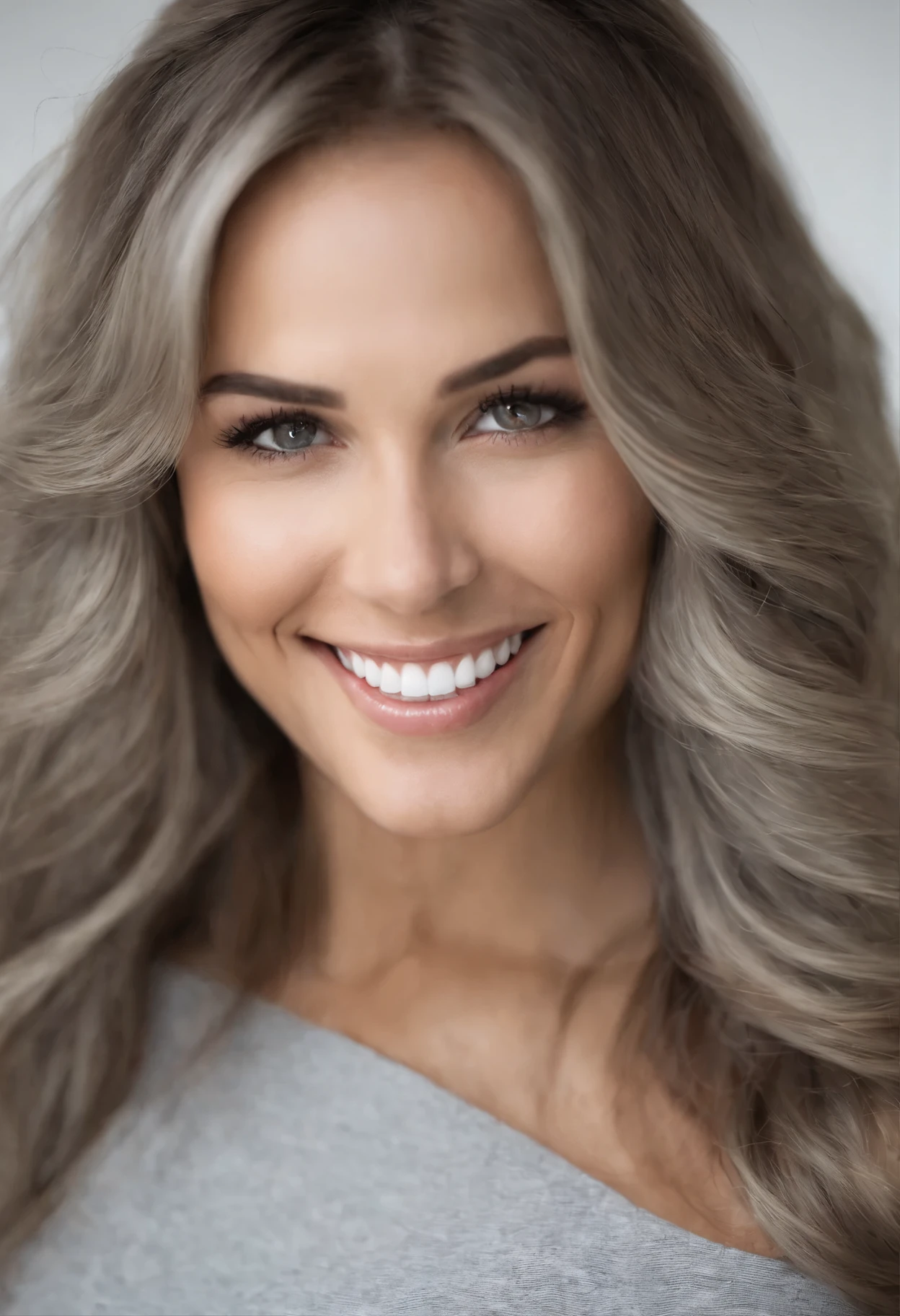((Photo: 1.3) af (Realism: 1.3), Caucasian fitness model soft light, clear face, happy, cheerful, smiling, warm light, ((gray white background)), ((gray white background)). ((gray wall background)) avatar, (long or short hair), smile, beautiful , young,, long hair, smile, (medium close-up)