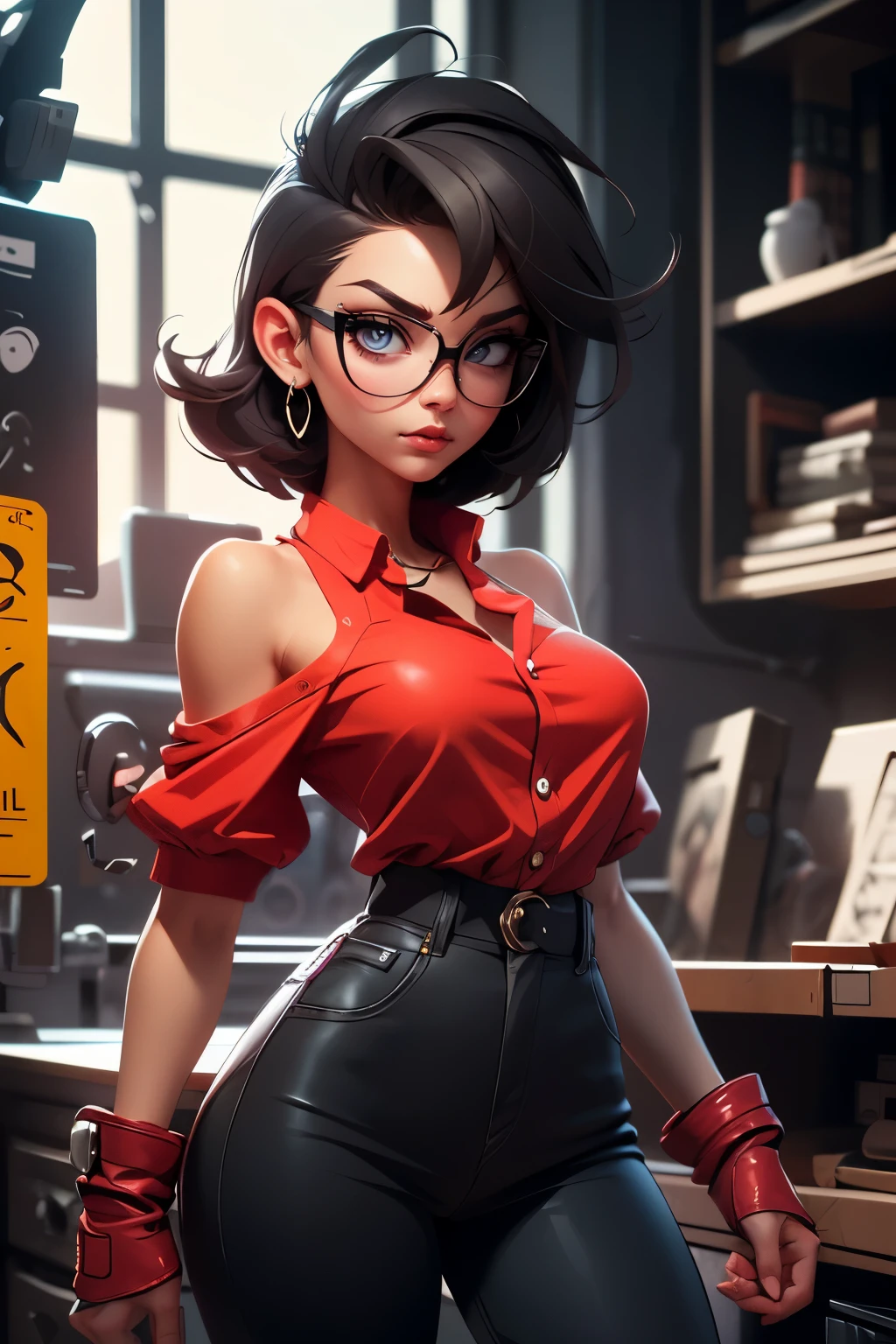 Wide angle shot, beautiful female street fighter, wearing large glasses, black undercut hair, wearing large steel knuckles