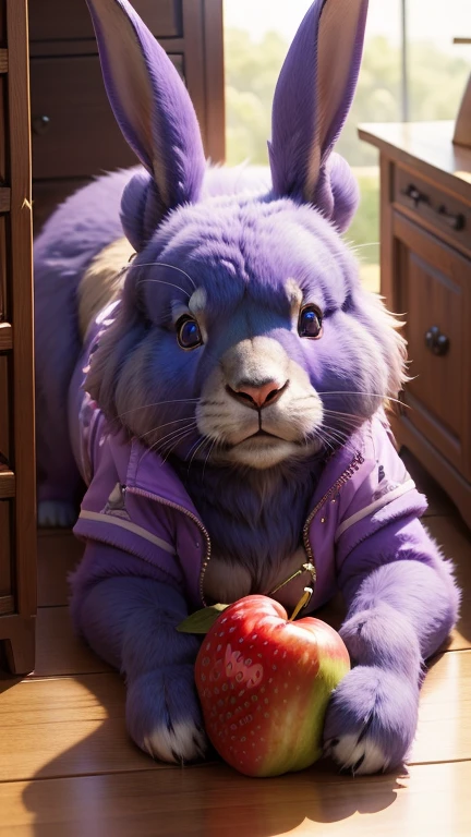 :3. Purple blue rabbit, actual, hairy, animals in clothes, apple, Bear, Teak, cherry, food, fruit, whole body, have, non-human, strawberry, tomato, watermelon