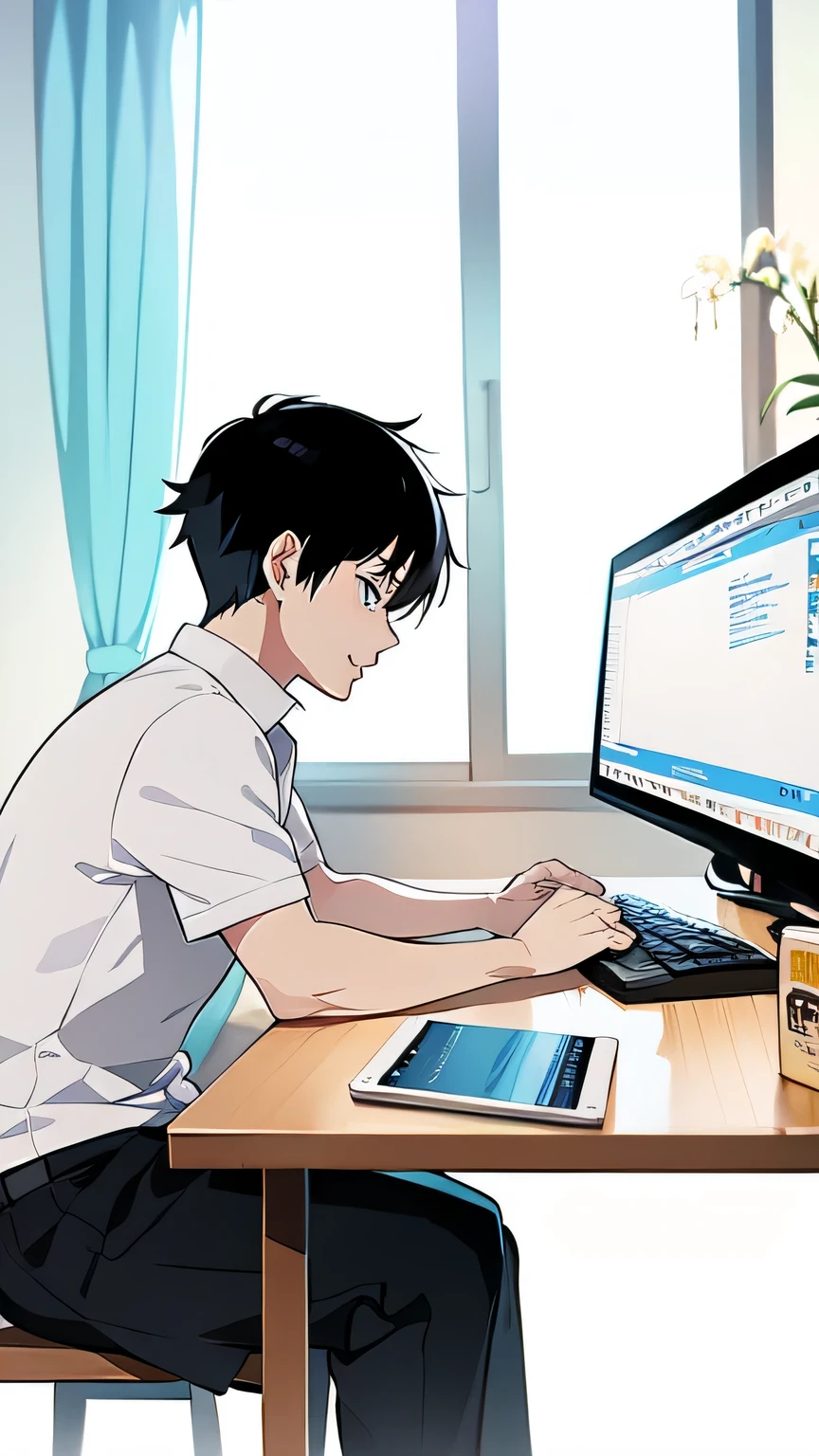 Anime boy sitting at the table，There is a computer and a tablet in front of me, Digital animation illustration, Digital art on pixiv, digital comic art, pixiv style, Xin Haicheng. digital rendering, anime style, High quality anime art style, digital animation art, on pixiv, Xin Haicheng style, digital comic, anime style digital art