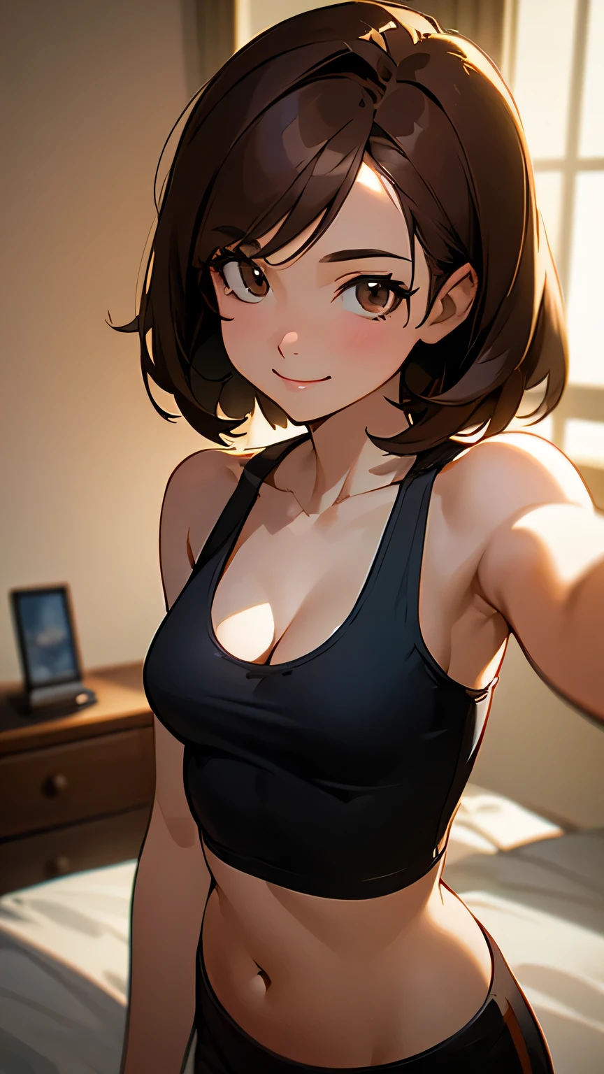 (Best quality, dynamic lighting, highly detailed, HDR) Brown haired young woman, mature, beautiful, bob hair, brown eyes, slim, medium-small breasts, white tanktop, crop top, cleavage, bare shoulder, seflie angle, smiling, bedroom background.