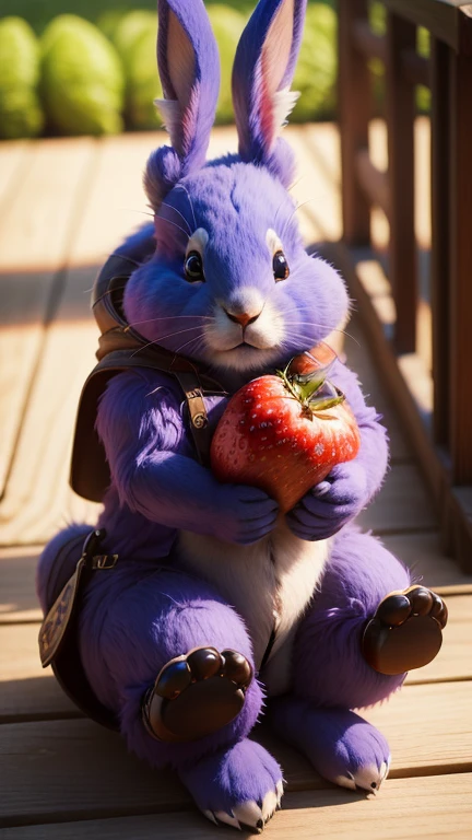 :3. Purple blue rabbit, actual, hairy, animals in clothes, apple, Bear, Teak, cherry, food, fruit, whole body, have, non-human, strawberry, tomato, watermelon