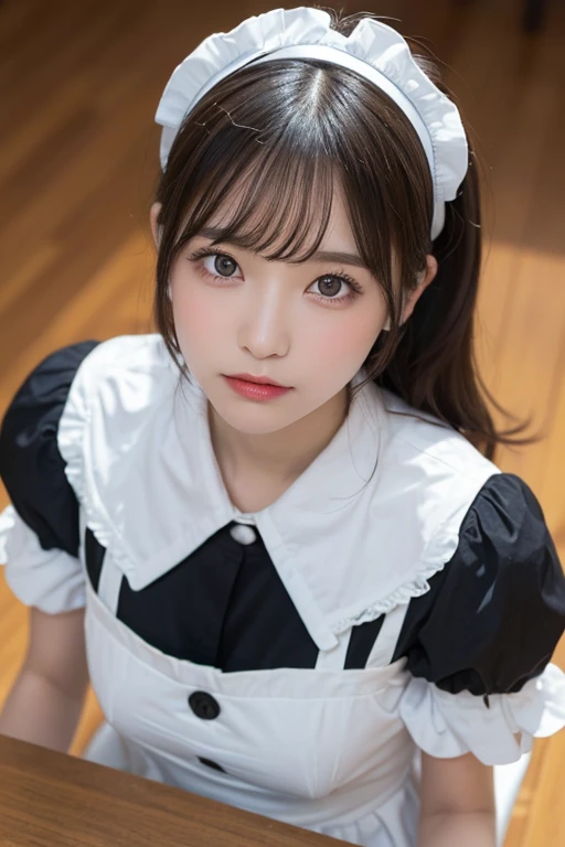 table top, highest quality, figure, Super detailed, finely, High resolution, 8k wallpaper, 完璧なダイナミックな構figure, ((close:1.3, From above, looking at the viewer)), detailed and beautiful eyes , (wearing cotton maid costume, , cute ruffle girl dress, maid headband, The color base is black, white and blue),